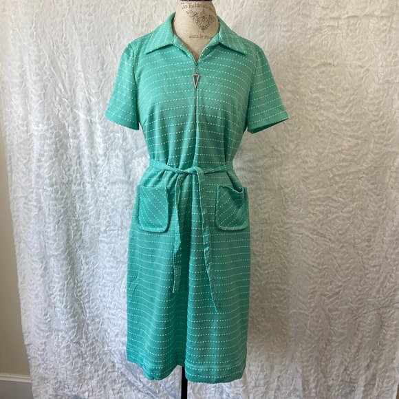 Vintage 60’s Retro Teal Polka Dot Print Abstract Belted Midi Dress Frock - Picture 1 of 14